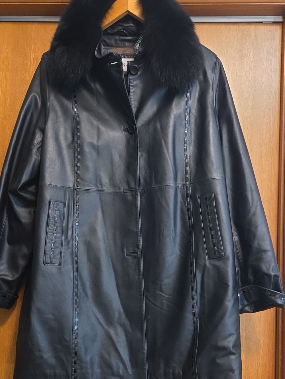Black Leather Coat with Fur Collar — Women's Elegant Leather Overcoat